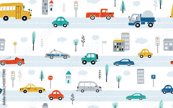 Fototapeta Cute children's seamless pattern with cars, traffic lights and road signs on a white background. Illustration of highway in a cartoon style for Wallpaper, fabric, and textile design. Vector