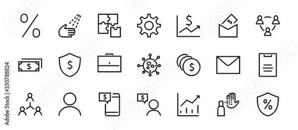 Obraz Set of business vector line icons. It contains user symbols, dollar pictograms, gears, briefcase, puzzles, envelope, percentage, messages, schedule, and more. Editable Bar 460x460 pixels.