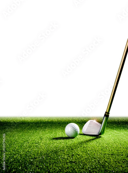 Fototapeta Vertical image with golf club and golf ball on the turf with white wall in the background