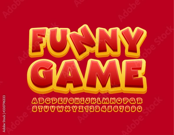 Fototapeta Vector bright poster Funny Game with Red and Yellow Font. Alphabet Letters and Numbers for Kids
