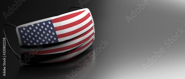 Obraz Coronavirus in USA, protective surgical american flag mask on black background. 3d illustration