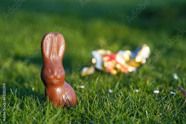 Fototapeta easter, sweets and confectionery concept - chocolate bunny on grass with blurred aluminum packaging, foil in the background, easter bunny