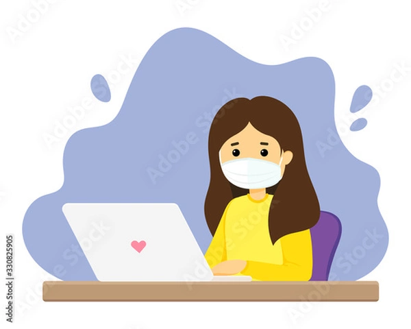 Fototapeta Vector illustration of a girl in a protective mask on her face working at a laptop. A person is protected from viruses. Distance learning and work during an outbreak. Disease prevention. Coronavirus.