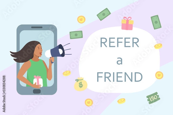 Obraz Refer a friend concept. Attract friend. Dark skinned girl shouts on megaphone about referral program Referral marketing strategy banner, landing page, mobile app - vector