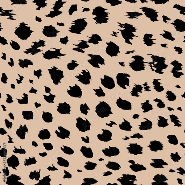 Fototapeta Leopard print. Vector seamless pattern. Animal jaguar skin background with black and brown spots on beige backdrop. Abstract exotic jungle texture. Repeat design for decor, fabric, textile, wallpapers
