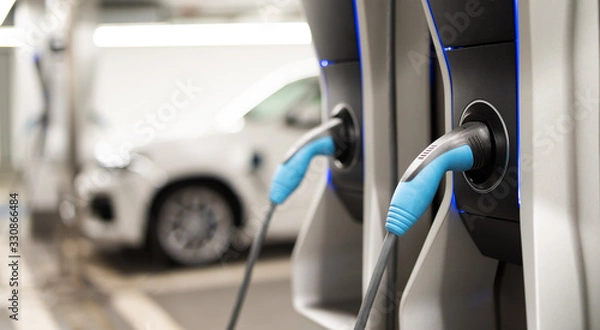 Obraz Stacja ładowania samochodów elektrycznych na parkingu podziemnym