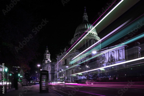 Fototapeta St Paul's Cathedral at night with light streaks illuminating the foreground. Cyberpunk colours