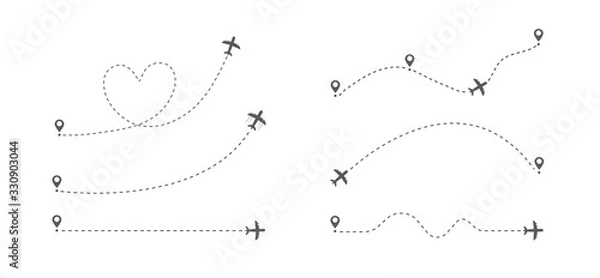Fototapeta Airplane flight route. Flight tourism route path. Starting pin to destination point. Travel symbol. Vector illustration