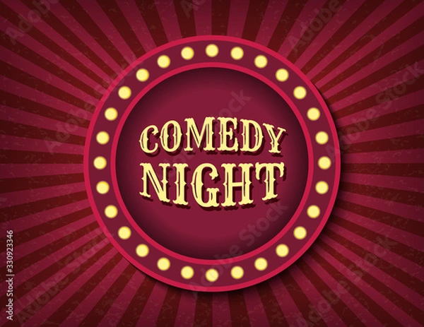 Obraz Comedy Night circus template of stock banner. Brightly glowing retro cinema neon sign. Circus style show banner template. Background vector poster image