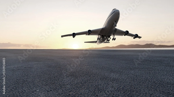 Fototapeta  3D plane takes off at sunset, 3d render concept for advertising.