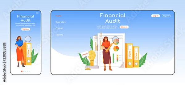 Fototapeta Financial audit adaptive landing page flat color vector template. Business analytics mobile and PC homepage layout. Accounting one page website UI. Bookkeeping webpage cross platform design