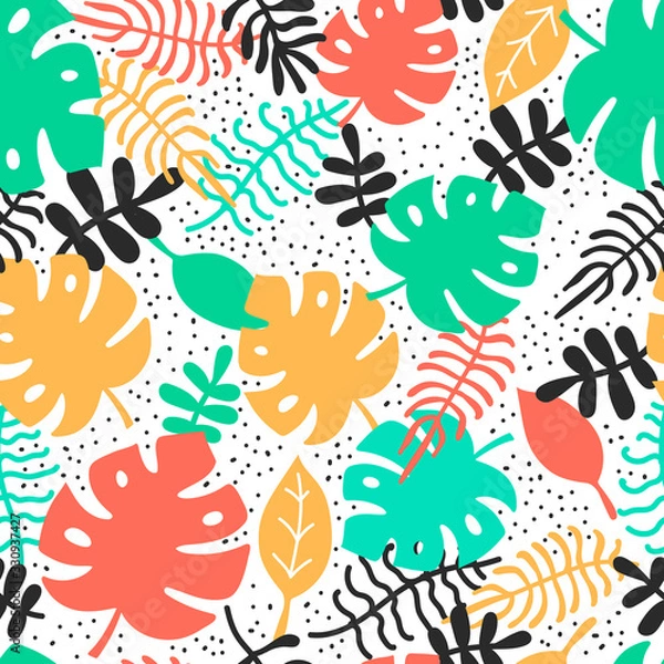 Fototapeta pattern with different tropical leaves vector illustration