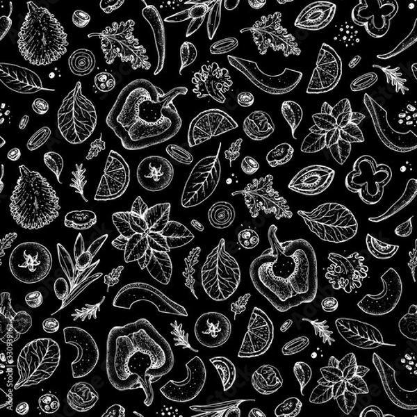 Fototapeta Doodle vegetables seamless pattern. Salad background. Vegan food. Hand drawn sketch. Packaging design template.