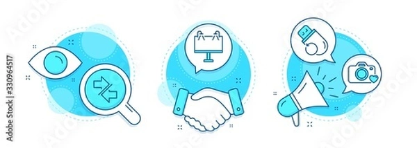 Fototapeta Synchronize, Photo camera and Road banner line icons set. Handshake deal, research and promotion complex icons. Flash memory sign. Communication arrows, Love photos, Advertisement. Vector