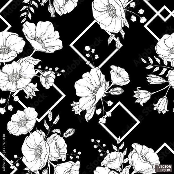 Obraz Seamless pattern with flowers and geometric figures on black background.