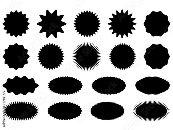 Fototapeta Starburst stickers set. Black sunburst badges, isolated on white star price labels. Round and sharp corners. Vector  illustration.  