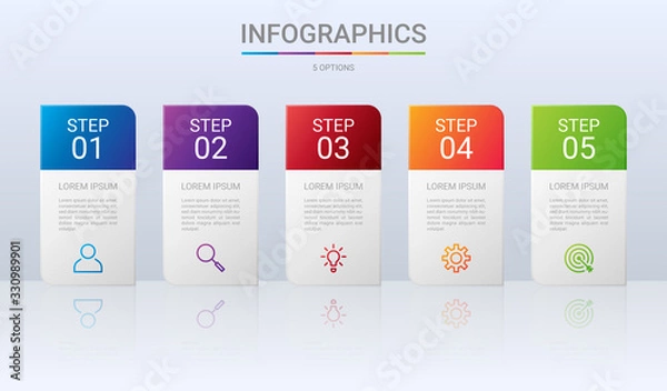 Fototapeta Colorful timeline infographic template with 5 steps on gray background, vector illustration