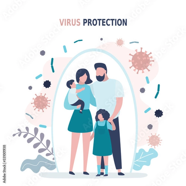 Fototapeta Happy parents with children is protected from viruses and diseases. Good immunity, vaccination and a healthy lifestyle.