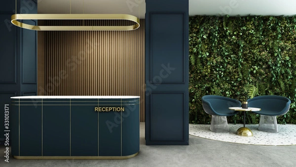 Obraz Reception design Modern granite stone counter top,Blue counter,Gold metal light pendant,Wall back counter wood lath,Green wall,Furniture waiting zone granite stone floor,Floor concrete  - 3D render