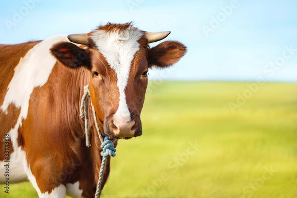 Obraz Portrait of a cow on a blurred background of meadow and sky. Nature composition. Free copy space for text.