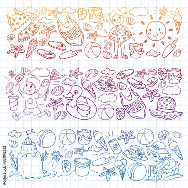 Fototapeta Vector pattern with little chilren. Family summer vacations. Beach, ocean, island, sun. Kids play. Swimming and relaxation.