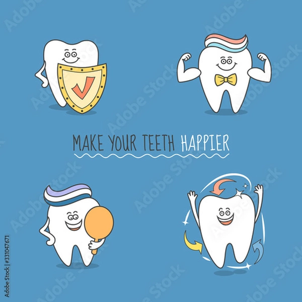 Obraz Set of cartoon teeth. Tooth with shield, arrows, toothpaste, mirror. Make your teeth happier.