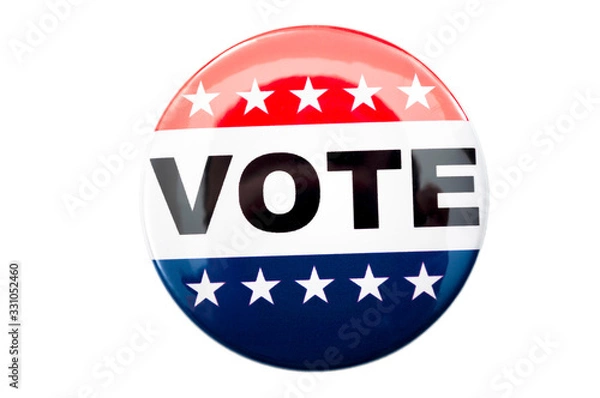 Fototapeta Democracy, presidential election and voting poll concept with red, white and blue vote glossy button pin with stars and stripes isolated on white background with clipping path cutout