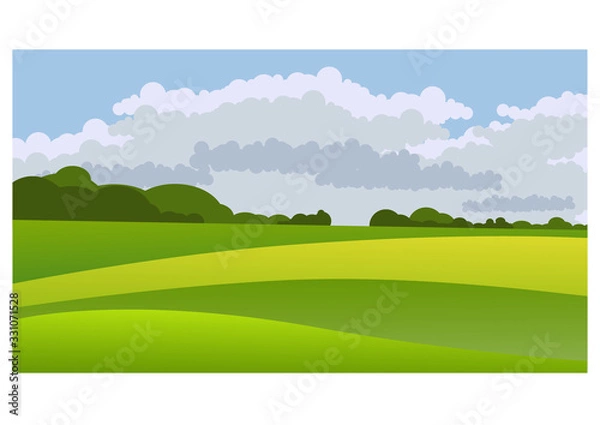Obraz Vector illustration of beautiful summer fields landscape with a green hills and blue sky. Country background in flat style for design banner, ticket, leaflet, card, poster and so on