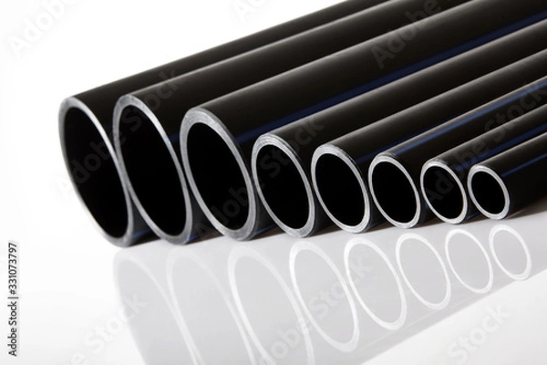 Obraz Polyethylene tubes of different diameters for water and gas. Pipeline transportation equipment. Production of polypropylene pipes.