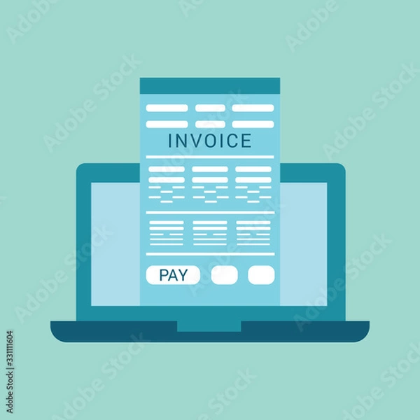 Fototapeta Online digital invoice laptop or notebook with bills, flat design
