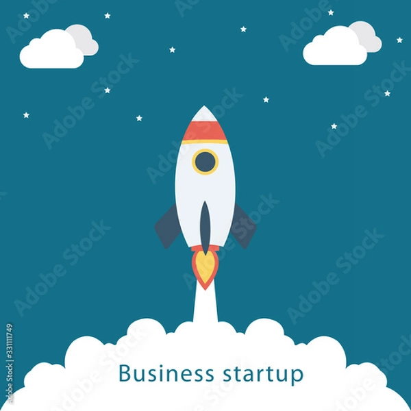 Fototapeta Flat design business startup launch concept with rocket