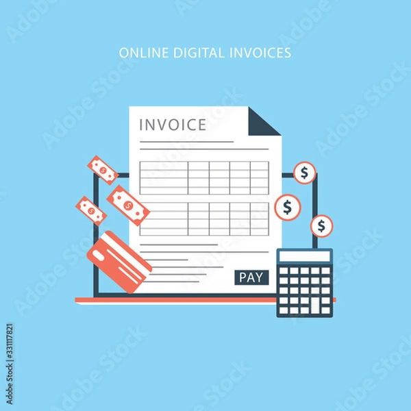 Fototapeta Online digital invoice laptop or notebook with bills,calculator and credit card, flat design