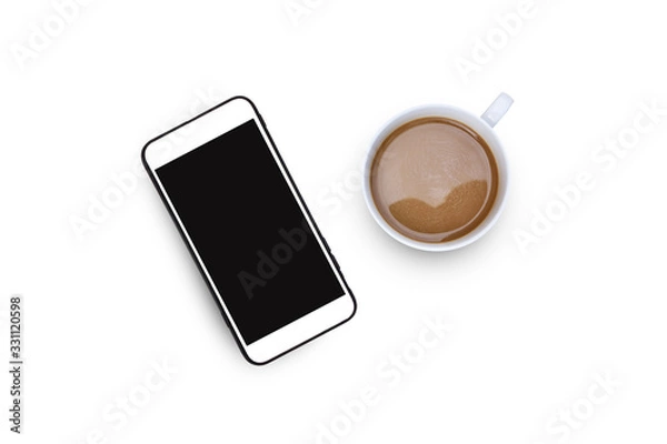 Fototapeta Top view Coffee cup Mobile smart phone on white table