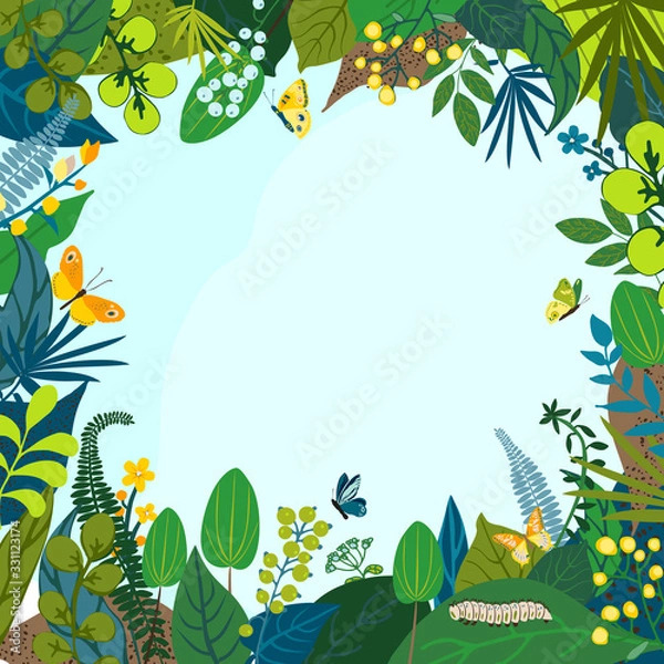Obraz Beautiful floral background, frame. Green leaves, colorful flowers, caterpillar and butterflies. Spring and summer card for social network backdrop, invitation, wedding, birthday. Vector illustration.