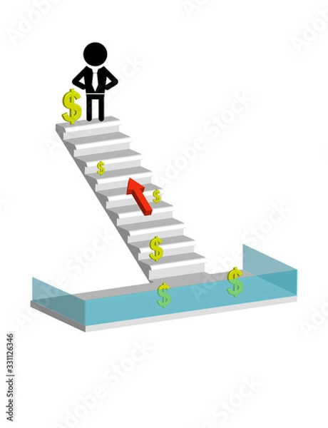 Fototapeta worker, businessman on career ladder, pinnacle of success, pentagram symbol icon, on white background