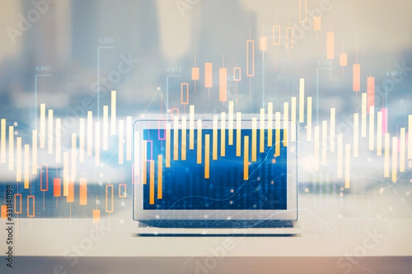 Fototapeta Forex graph hologram on table with computer background. Multi exposure. Concept of financial markets.