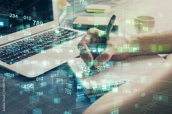 Fototapeta Multi exposure of writing hands on background with data solution hologram. Technology concept.