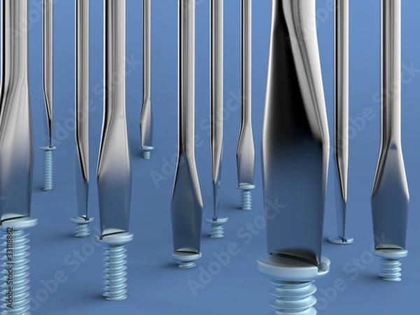 Fototapeta A render of a group of screws and screwdrivers over light blue