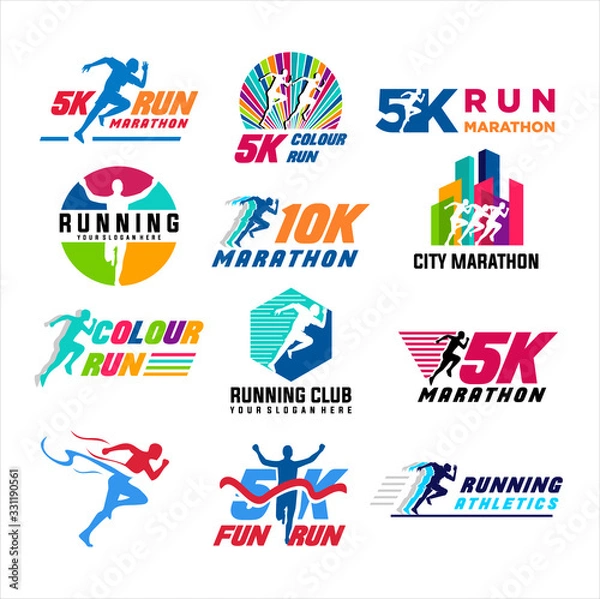 Fototapeta Running club logo templates set, emblems for sport organizations, tournaments and marathons colorful vector Illustrations
