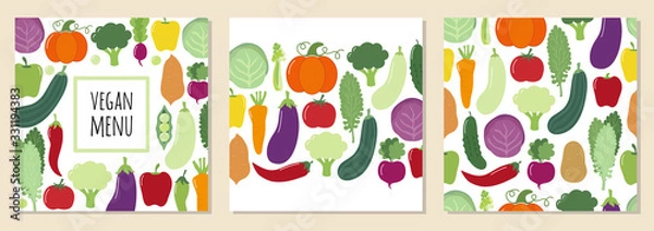 Fototapeta Cute set of Vegan Menu backgrounds with various vegetables