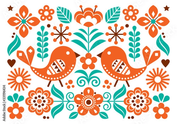 Obraz Scandinavian folk art vector cute floral pattern, greeting card or invitation A7 format design with birds, flowers inspired by traditional embroidery from Sweden, Norway and Denmark