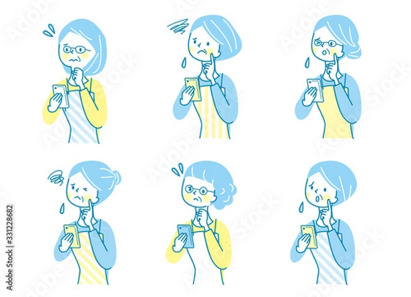 Fototapeta スマホ　不安　シニア女性　エプロン