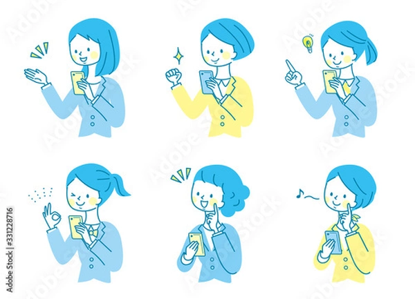 Fototapeta スマホ　笑顔　若い女性　ビジネススーツ