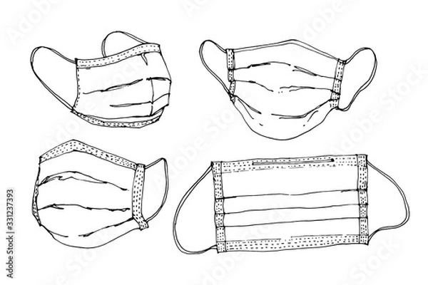 Fototapeta Sketch drawing of a disposable medical mask. Vector illustration on a white background.