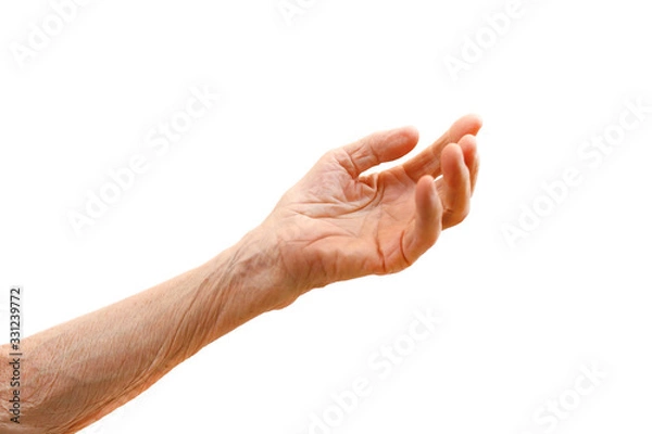 Fototapeta Old lady's hand with open palm. Elderly lady is waiting for help. Elderly, Aging concept, with white background. Isolated white background, close up, overhead, copy space.