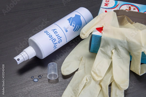 Obraz Hygiene spray and latex gloves - bottleneck, empty, used up