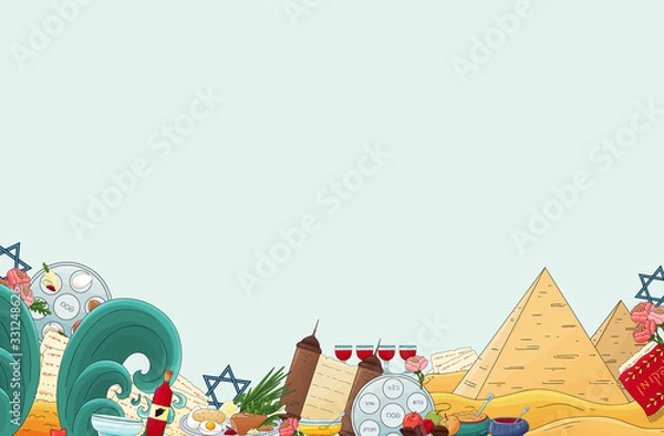 Obraz Passover background. Happy Pesach backdrop, invitation template, greeting card. Jewish traditional passover icons. plate, four wine glass,matzah, star of David,pyramid, sea. Happy Passover holiday.