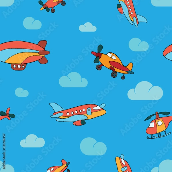 Obraz Seamless pattern of air transport on a blue background with clouds. Illustration for textiles and wallpaper design.