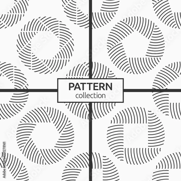 Fototapeta Set of four seamless patterns of repeating round striped circular ornaments isolated on white background. Camera lens aperture icons.