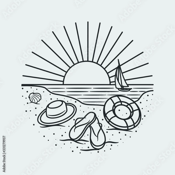 Obraz vacation summer beach vintage retro, vector line art illustration. Fun holiday, coloring book.